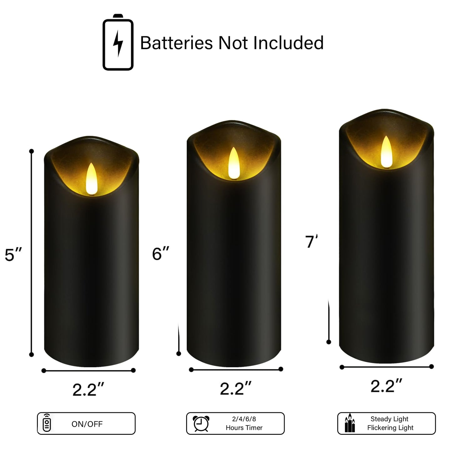 kakoya Flickering Flameless Candles, Battery Operated Plastic LED Pillar Candles with Remote Control and Timer, Set of 9 (Black)