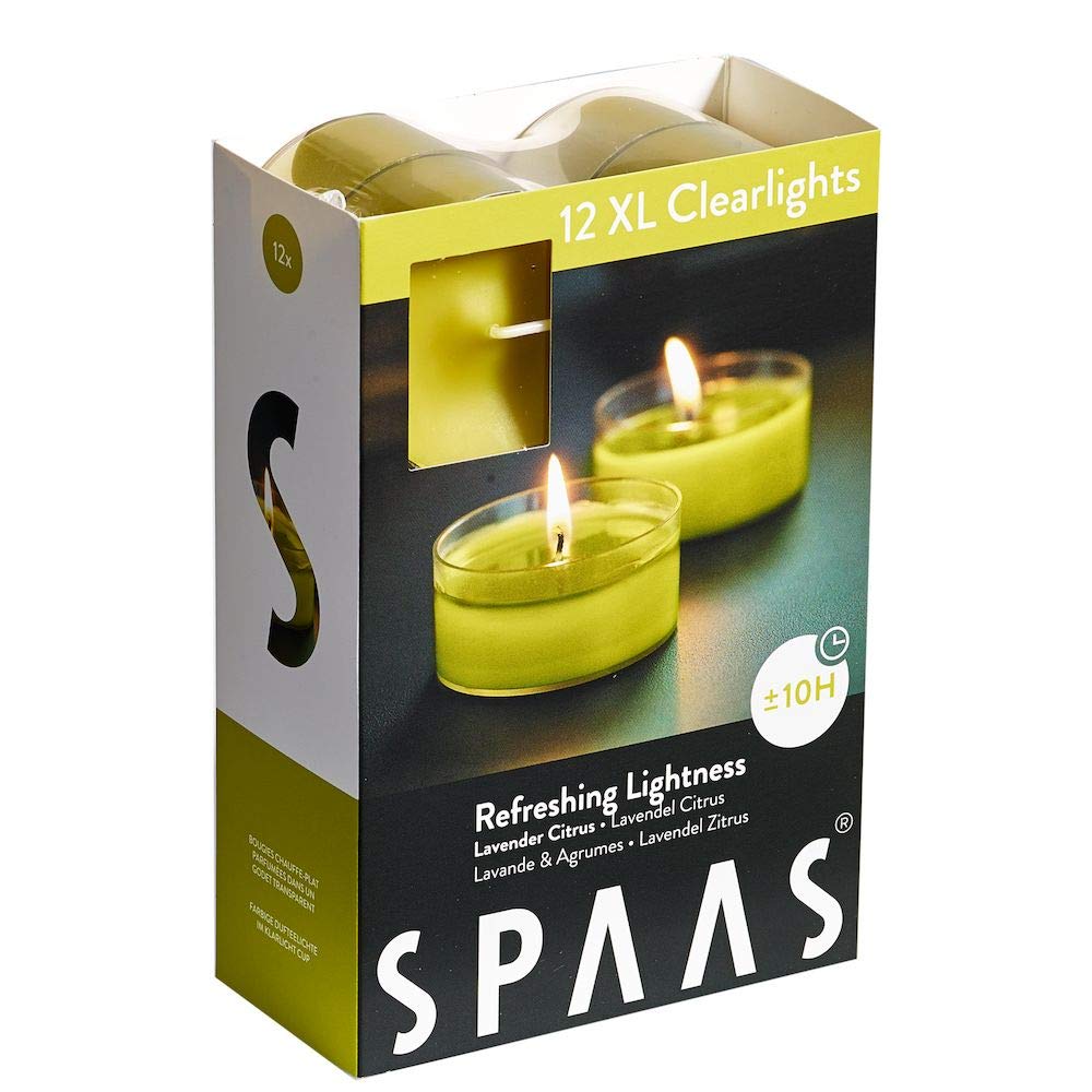 Spaas 12 Maxi Scented Tealights in Transparent Clear Cup, ± 10 Hours, Refreshing Lightness