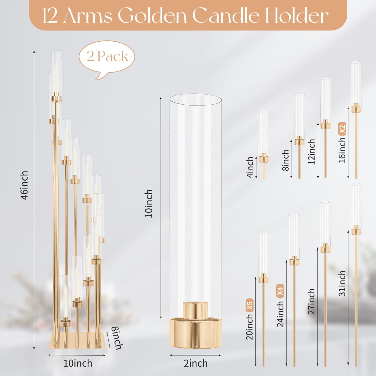 2 Sets 12Arm Gold Candelabra,Candle Holder with Clear Acrylic lampshades Fit Flameless or Wax,46'' High Large Floor Candelabra Centerpiece for Wedding Aisle Ceremony Reception Event Decoration