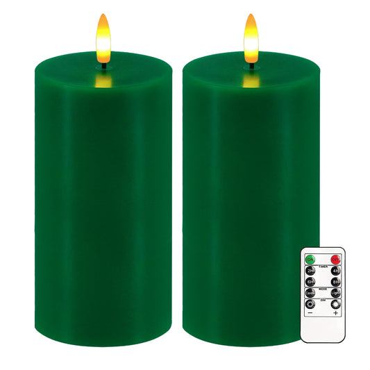 Green Flameless Candles, Set of 2 7"x3" Flickering LED Candles with Remote & Timer, Dimmable Electric Pillar Candles Battery Operated, Candles Light for Home St. Patrick's Christmas Decor (Green)