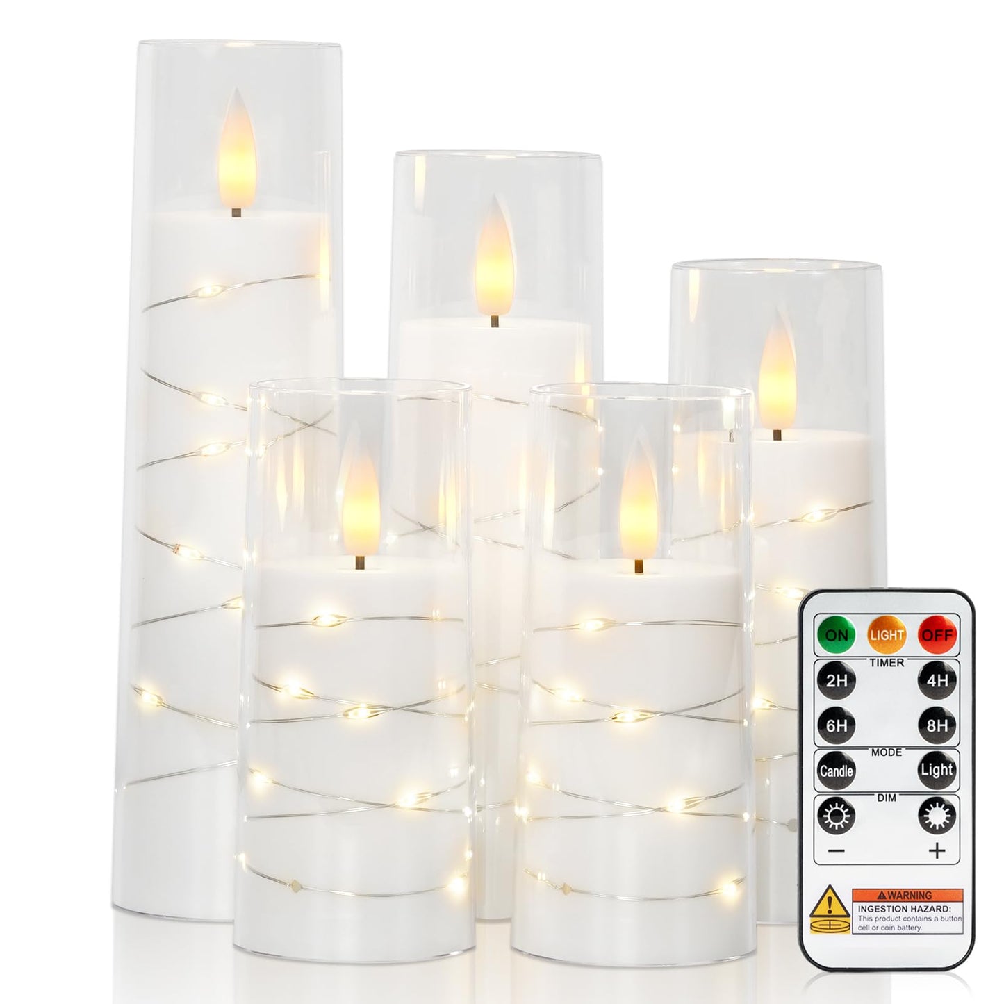 Raycare Flameless Candle with Remote Timer – 5 Flickering Acrylic Battery Operated LED Pillar Candles with Embedded Star String for Christmas, Wedding, Home Decor, and as a Gift(White)