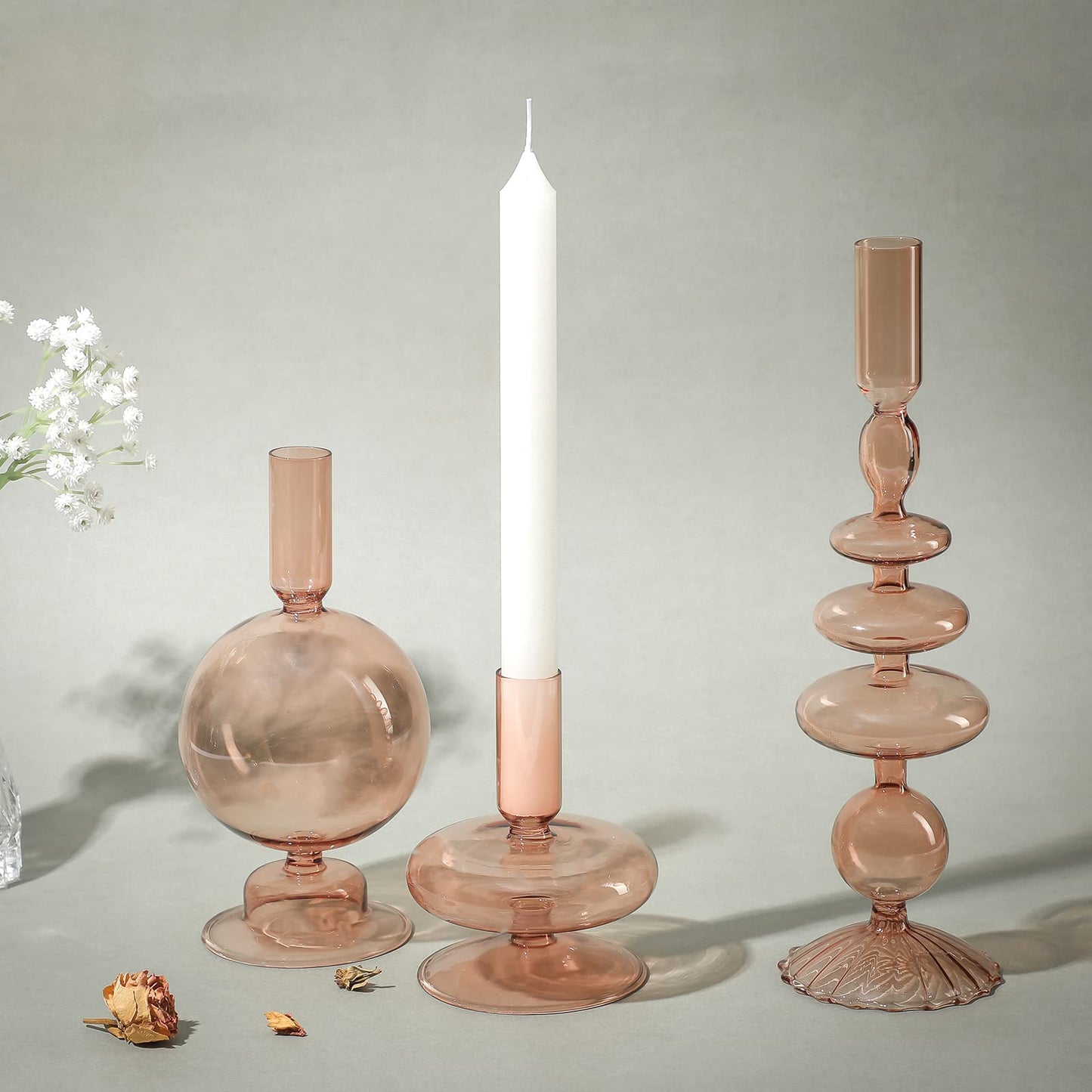 Rtteri 3 Pcs Glass Candlestick Holders Glass Candle Holders Groovy Wavy Elegant Taper Candle Stick for Wedding Home Birthday Party Easter St Patricks Day Decoration Windowsill Decor(Light Brown)