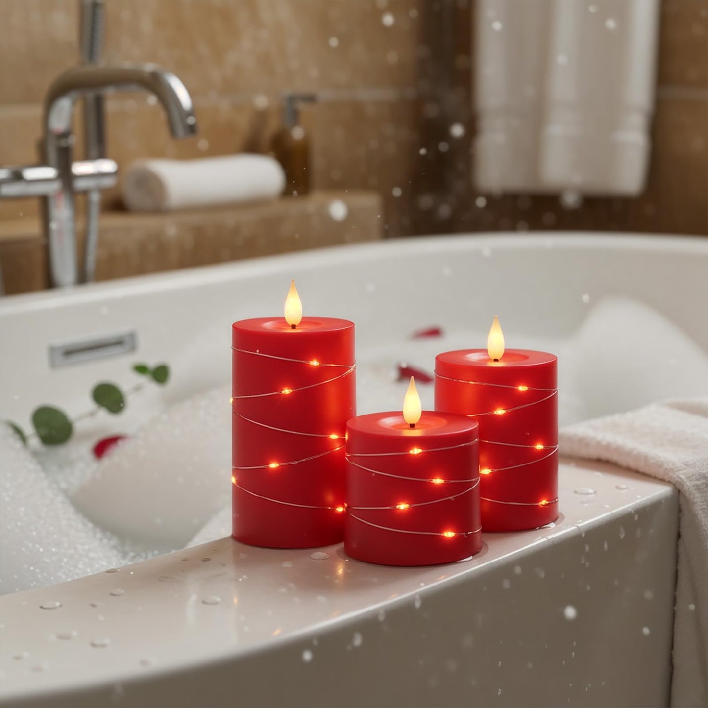 Raycare Independence Day Flameless Candles with Remote Timer, Flickering Battery Operated LED Pillar Fake Candle with String Lights for 4th of July Patriotic Home Decor, Wedding Gift, Red, Set of 3