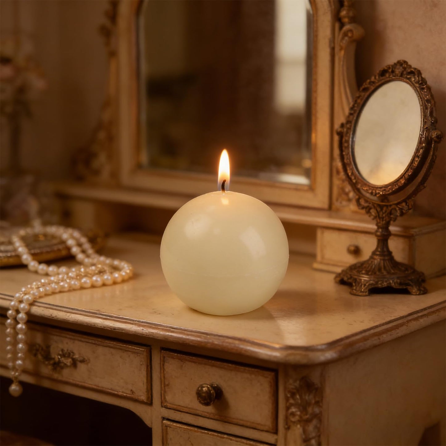Ivory Ball Pillar Candles Set of 3 – 3" Unscented Round Sphere Candles, Hand-Poured for Weddings, Home Decor & Centerpieces, 40-Hour Dripless Burn