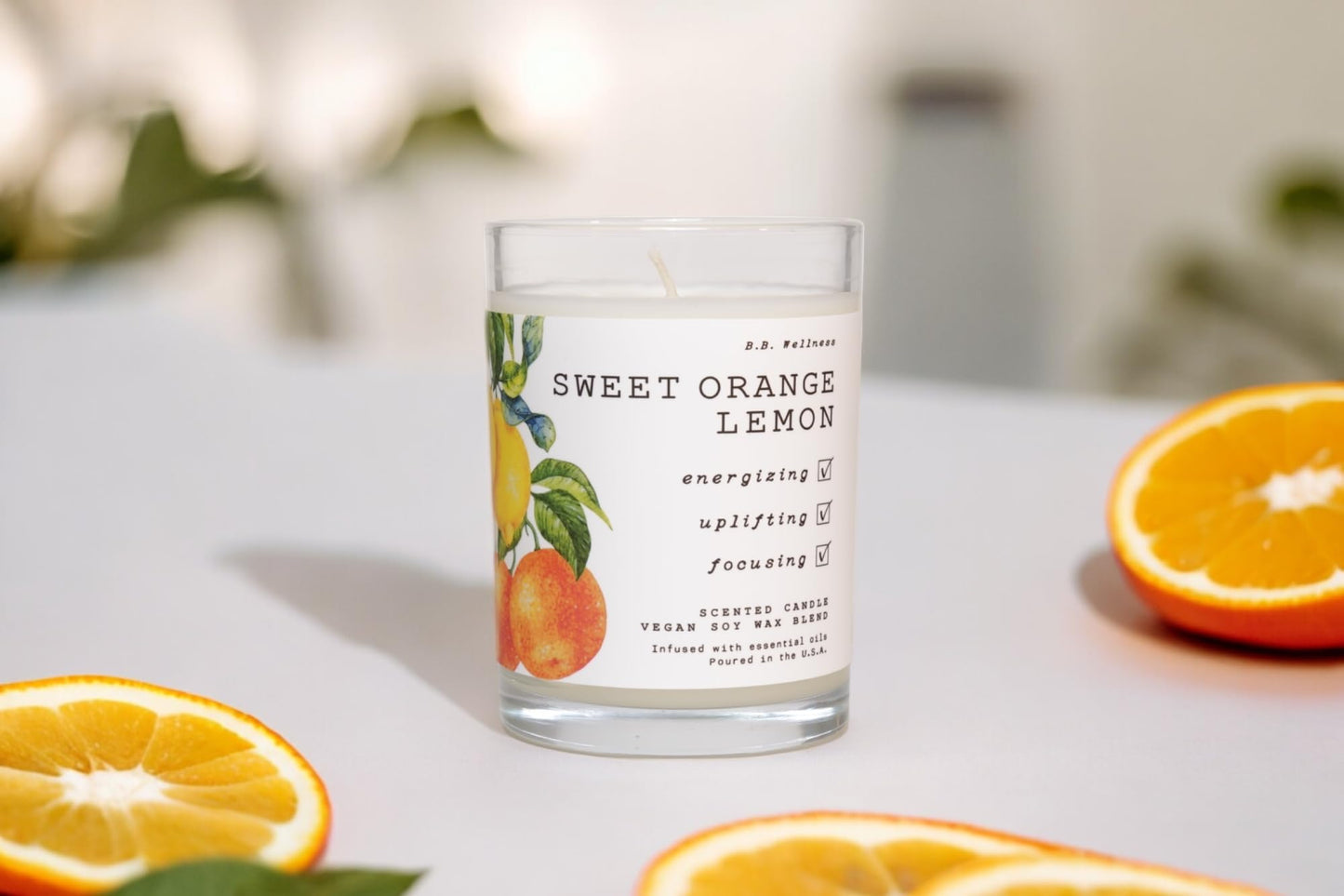 LEOBEN CO – Sweet Orange Lemon Scented Candle – 9oz, B.B. Wellness Collection Design – 50 hr Burn Time – Poured in California Using Vegan Soy Wax and Essential Oils – Made in Small Batches