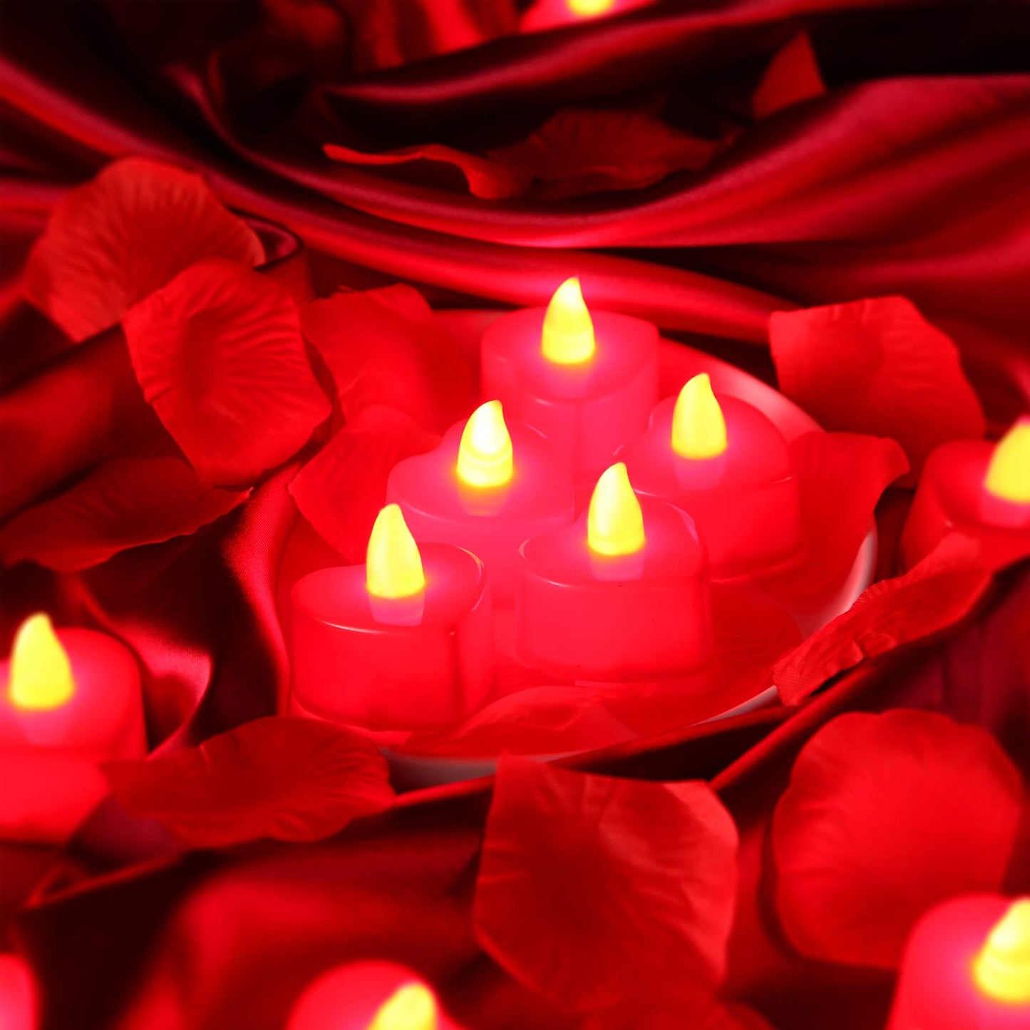 Honoson 1000 Pieces Artificial Rose Petals with 24 Pcs Flameless Heart Shaped LED Tealights Candles Special Romantic Night Decorations for Proposal Wedding Anniversary Table Decor(Red)