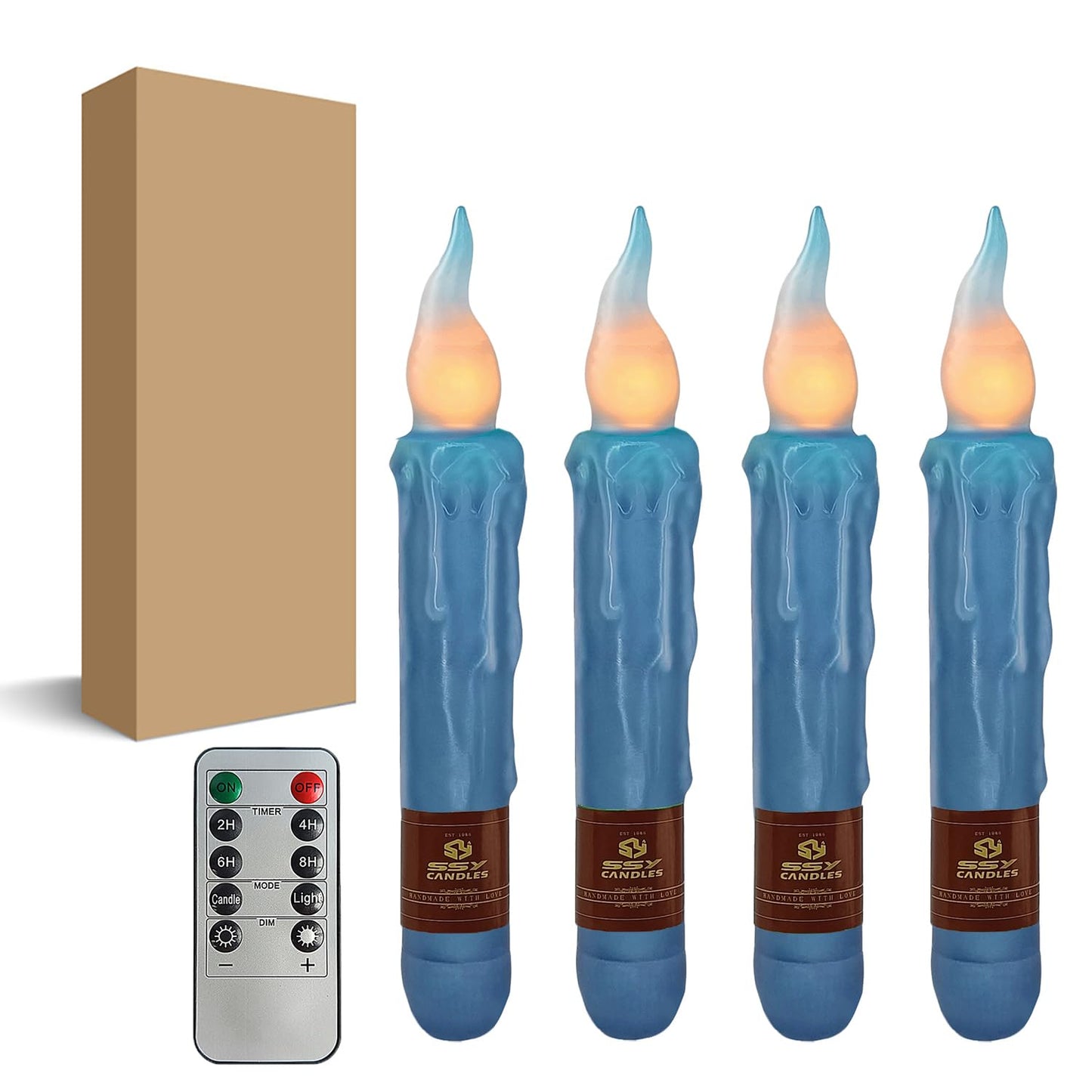 Dark Blue Flameless Short Taper Candles, Real Wax Hand Dipped LED Battery Operated with Remote, Flickering Flame Lights for Festival Party Home Décor, 6.7 Inch Primitive Flameless Candles, 4PCS