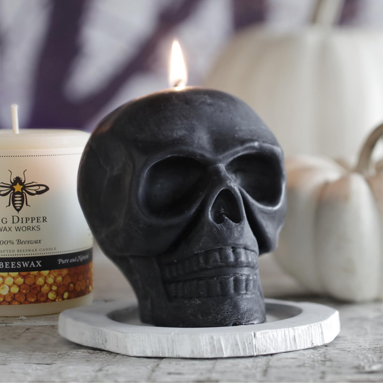 Big Dipper Wax Works Black Skull Candle – Handcrafted 100% Pure Beeswax, 3.5" × 3.75", Unscented, 40-Hour Clean Burn, Gothic Halloween Décor, Artisan Sculpted Candle, Eco-Friendly Gift