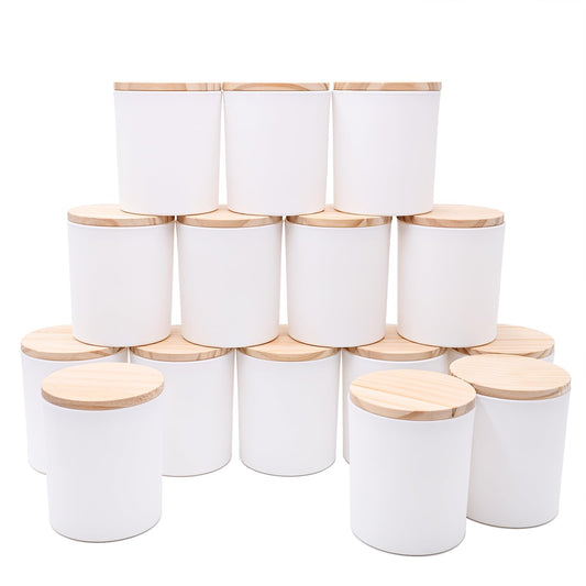 SHOWIN 10 OZ Thick Candle Jars for Making Candles 15 Pcs, Empty Jars with Wood Lids for Candle Making, Sample Container, Matte White