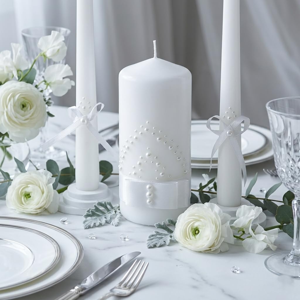 Magik Life Unity Candle Set - Wedding Ceremony & Reception – 6” Pillar & Two 10” Taper Candles – Long Burning Unity Candles for Marriage Ritual – Handmade in USA – White | Satin