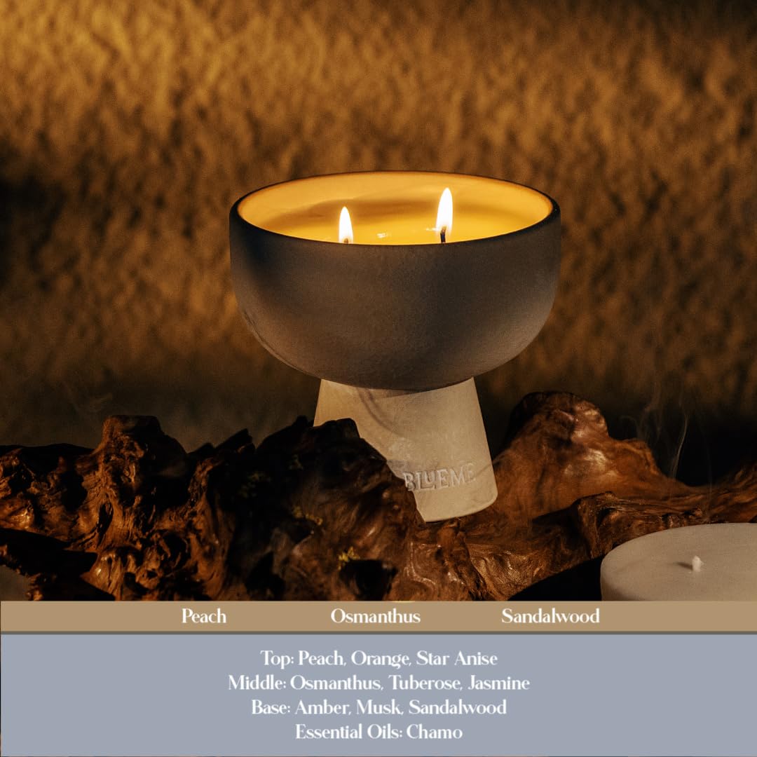 Blueme Calm Candle | Osmanthus & Sandalwood | 2 Wick - Refillable Wellness Candle with Essential Oils, Hand Finished & Poured Soy Wax Blend Ceramic Vessel, Natural Cotton Wicks | Medium 12 oz