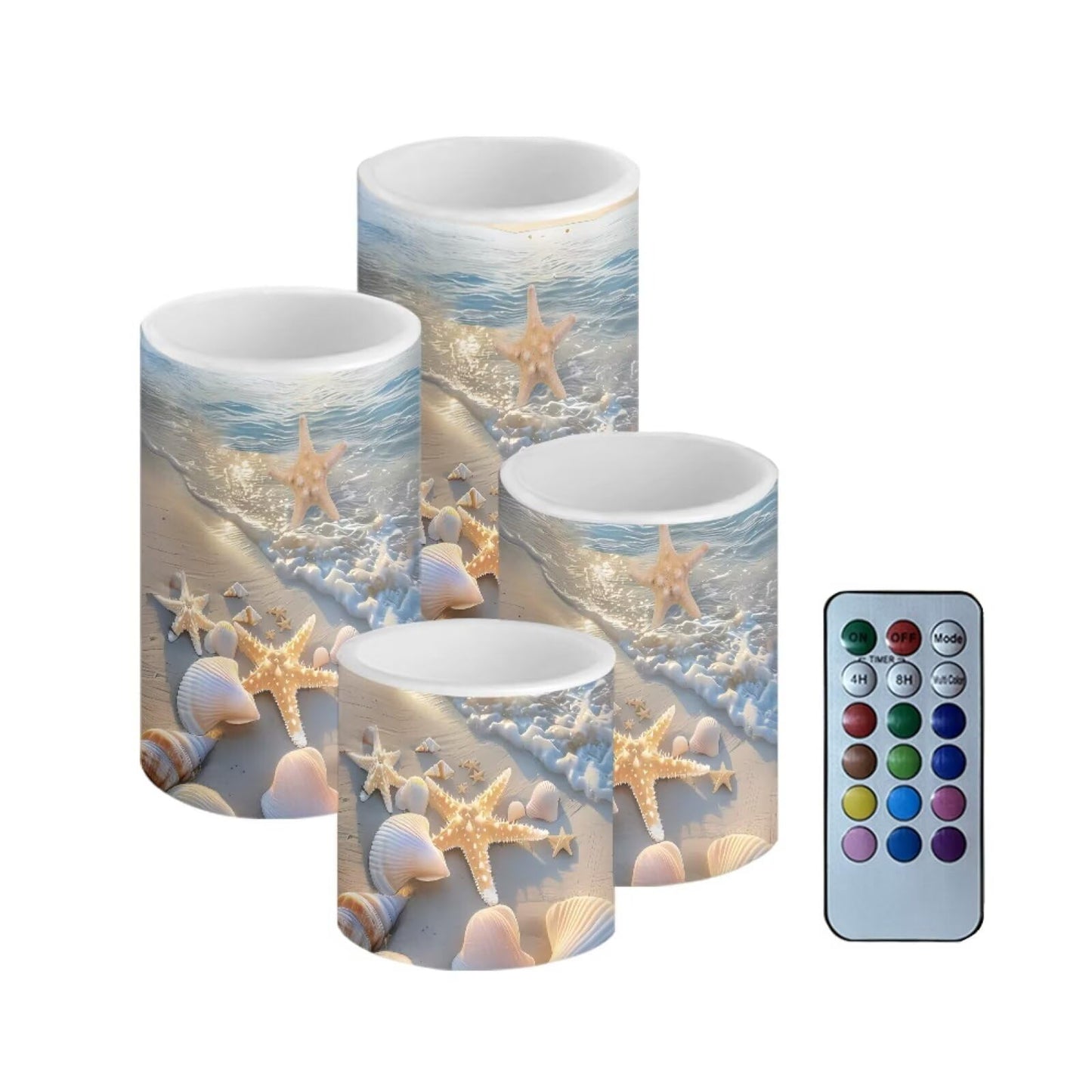 NETILGEN Beach Starfish Seashell Print 4 Pcs Flameless LED Candles with Remote Timer Control, Color Changing Flickering LED Pillar Candles Decor