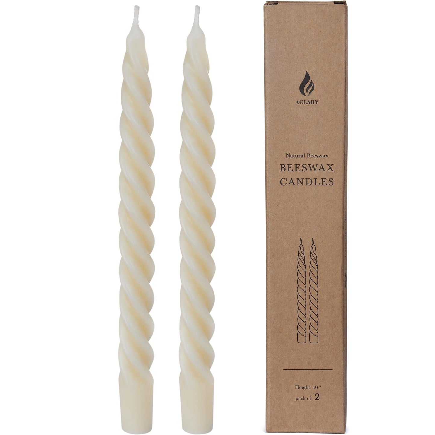 AGLARY 2PCS 10-Inch Pure Beeswax Spiral Taper Candles, Twisted Stick Candles, Dripless & Unscented for Weddings, Christmas, Dinner, Meditation - White