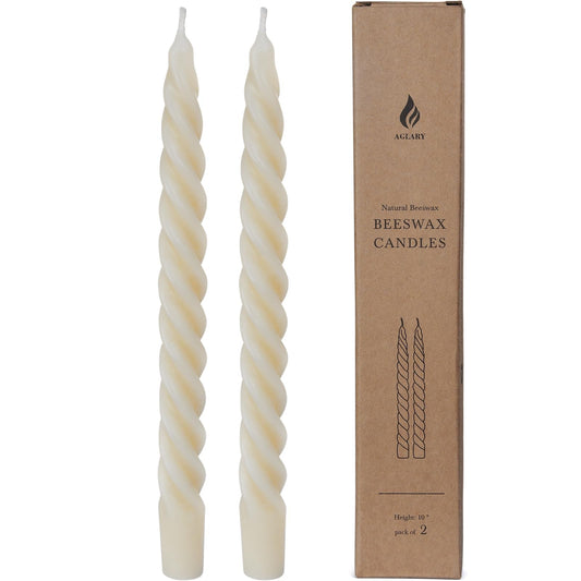 AGLARY 2PCS 10-Inch Pure Beeswax Spiral Taper Candles, Twisted Stick Candles, Dripless & Unscented for Weddings, Christmas, Dinner, Meditation - White