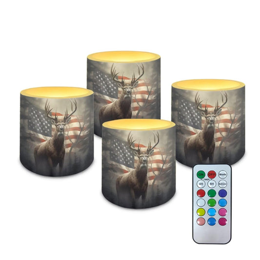 Poceacles LED Flameless Candles Set of 4 Multi-Color Battery-Powered Candles with Remote and Timer, Tea Light for Weddings Parties Decorations, American Flag Deer