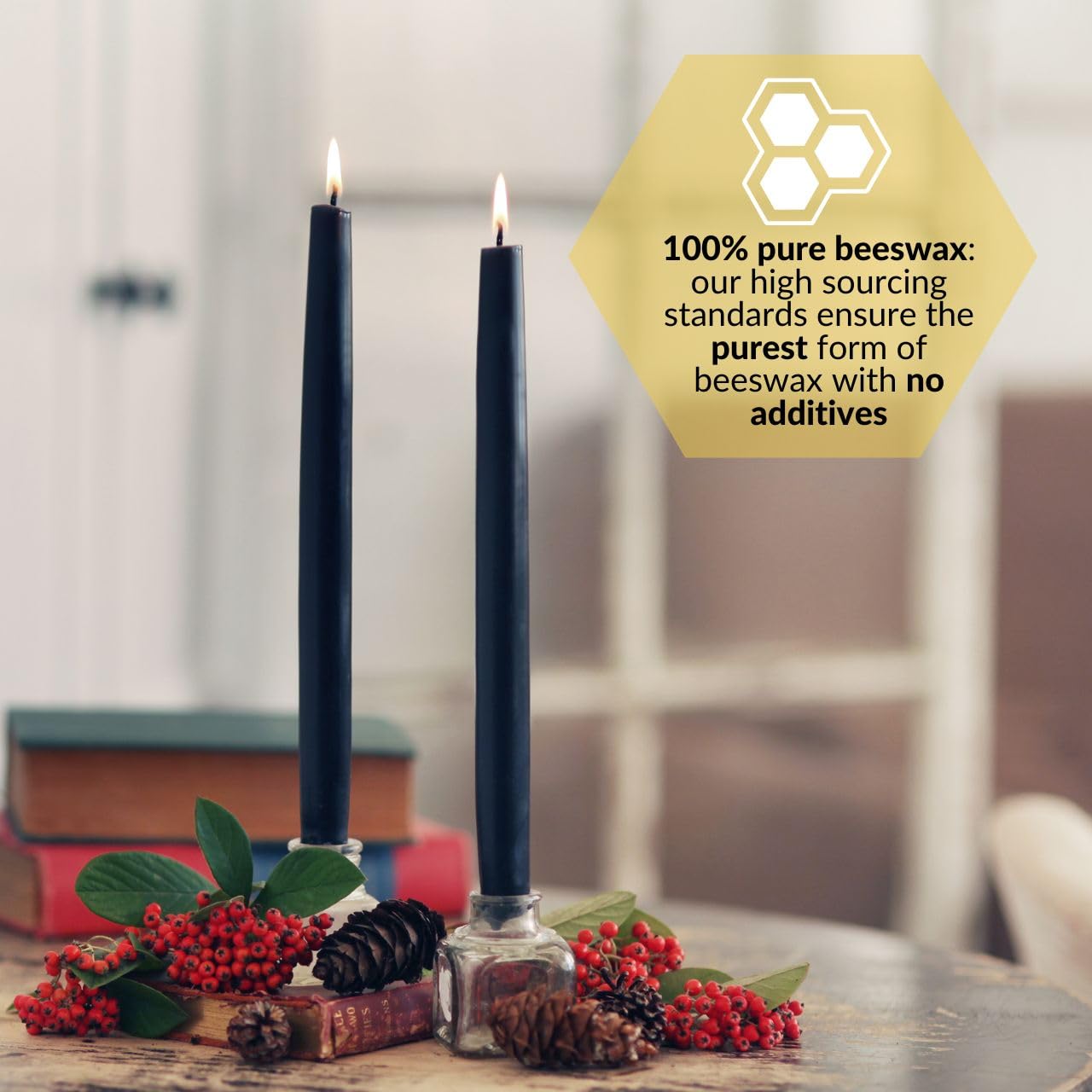 Big Dipper Wax Works Black Hand-Dipped Beeswax Taper Candles – 12” x 7/8”, 2-Pack, 100% Pure Beeswax, Long Burning, Clean, Cotton Wick, Handmade in USA, Home Décor & Wedding Candles