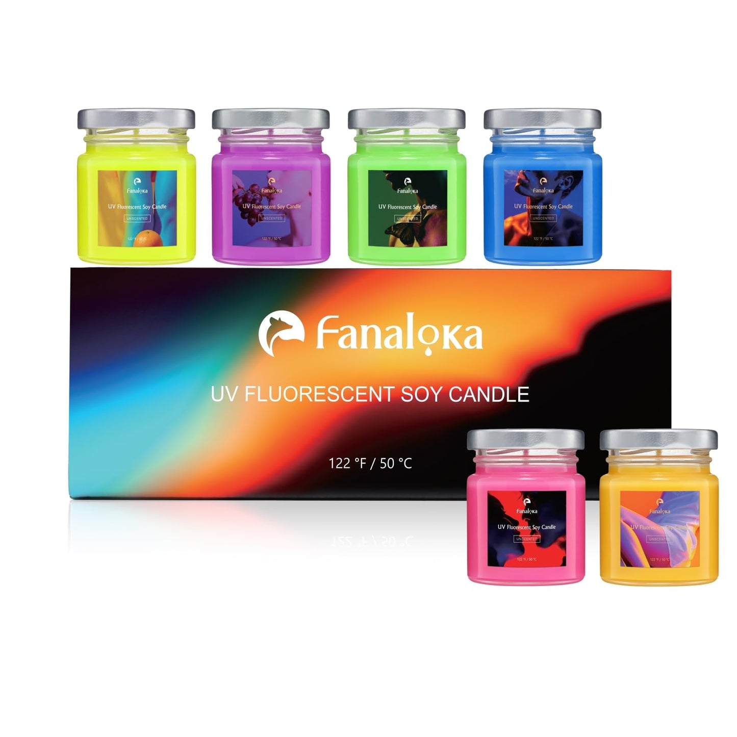 Mini 60g * 6 Pack UV Fluorescent Soy Wax Low Temperature Candles, Low Heat Body Safe Candle for Night Party, Unscented (122 °F (50°C), Peelable Wax)