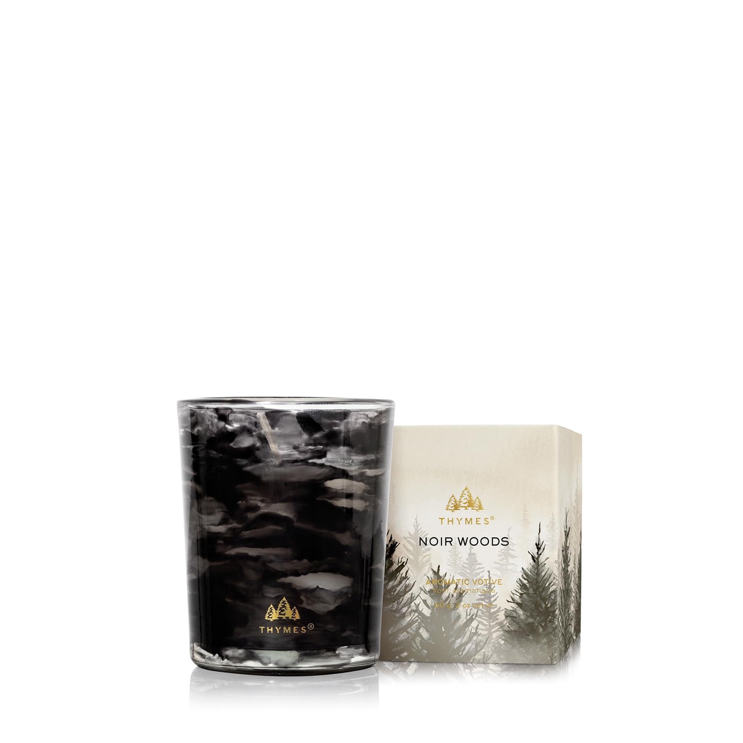 Thymes Noir Woods Scented Candles for Home Decor – Notes of Fresh Evergreen, Smoky Wood & Golden Amber – Luxury Home Fragrance Gifts for Women & Men – Burns Up to 20 Hrs (Votive Candle, 2 oz)