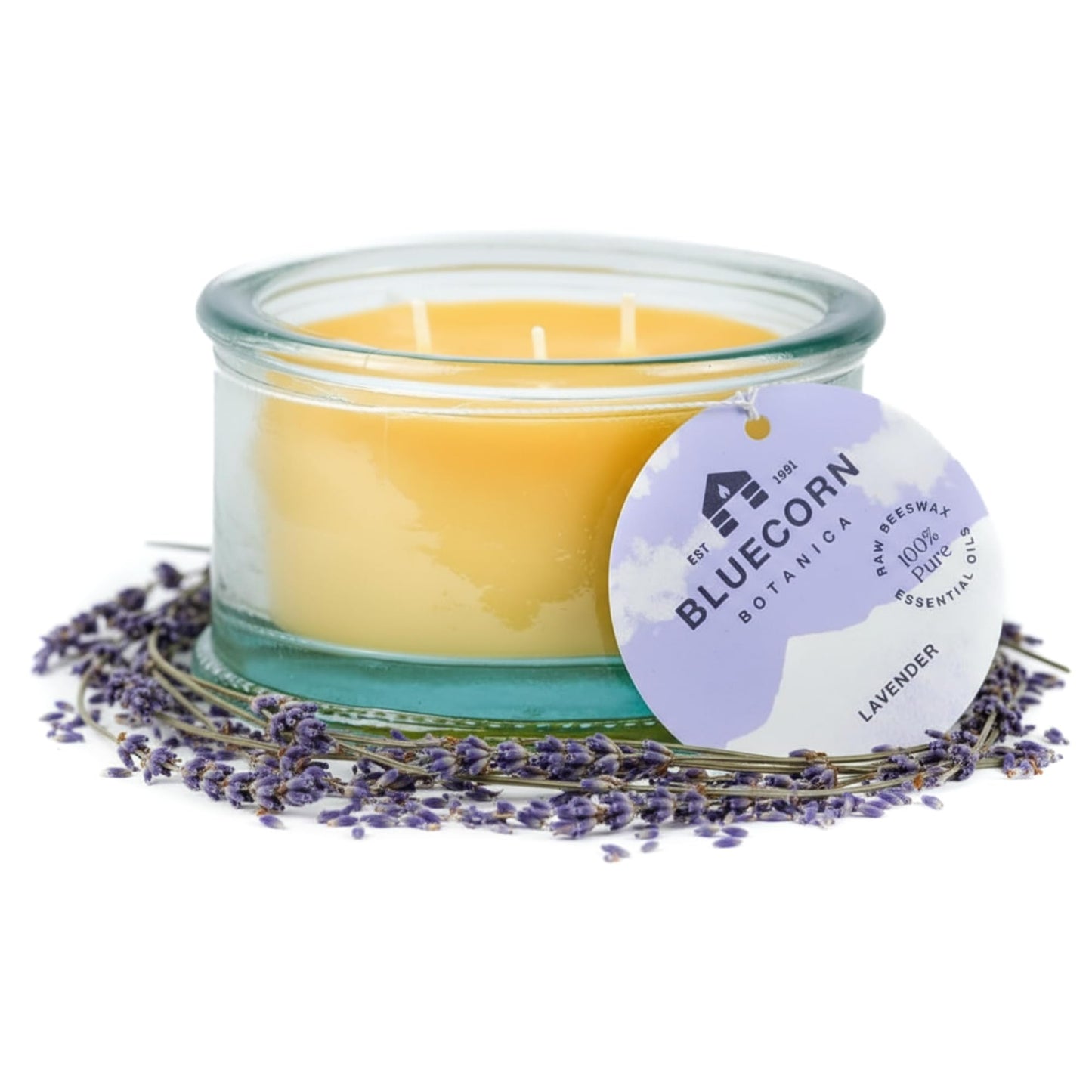 Bluecorn Botanica Beeswax 3-Wick Candle – Lavender, 100% Pure Beeswax & Essential Oils – 10oz Hand-Blown Recycled Spanish Glass – Non Toxic, Clean Burning, Refillable Glass Jar
