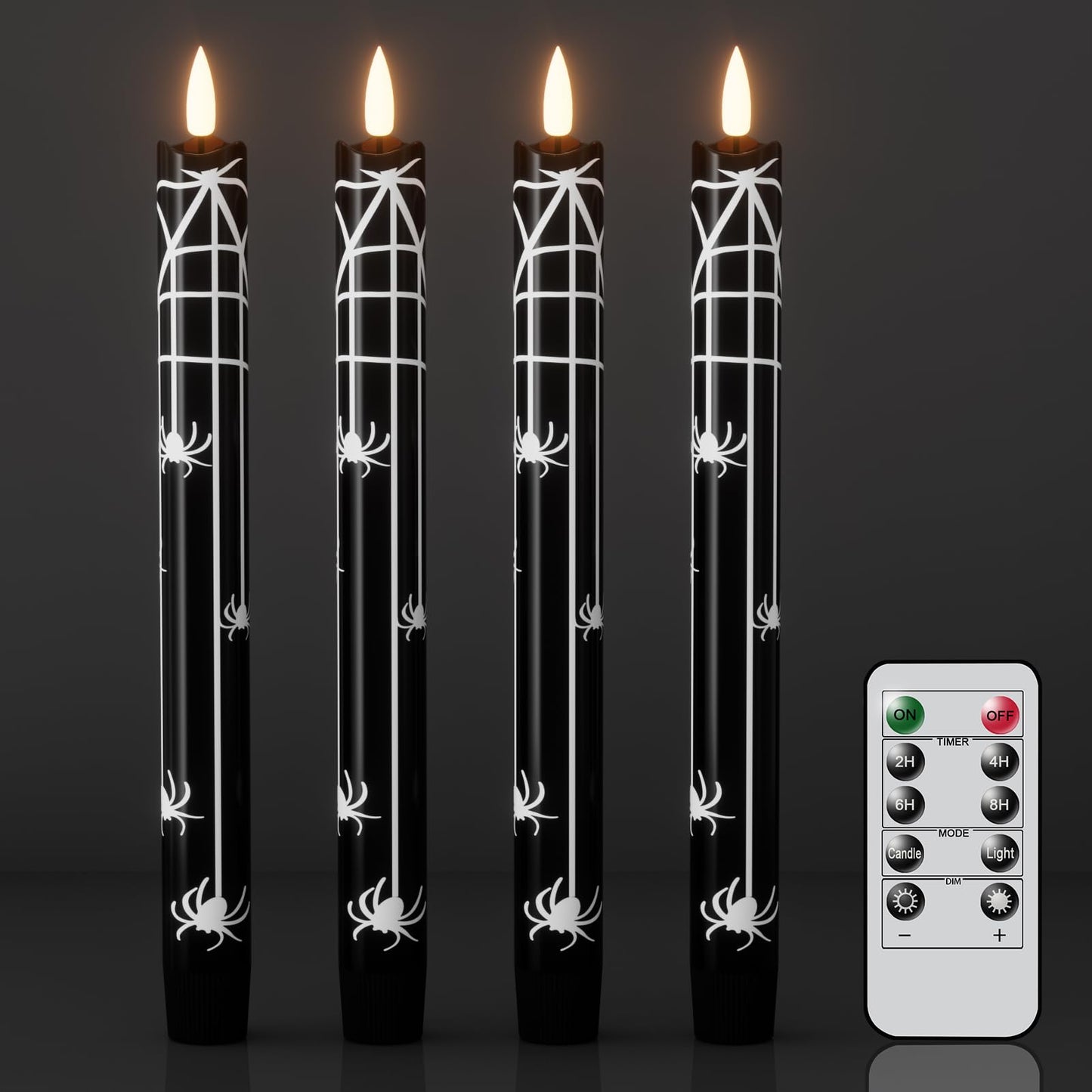 Wondise Black Halloween Flameless Taper Candles with Remote & Timer, Halloween Battery Operated Spider Candles Waxy with 3D Wick Flickering for Halloween Decorations