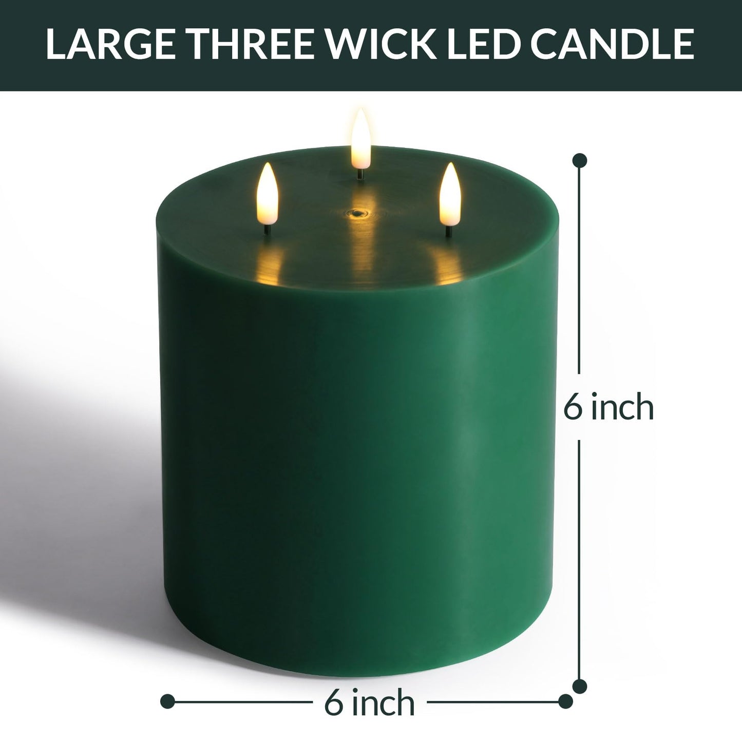 Eywamage Green 3 Wick Flameless Pillar Candle Φ 6" H 6", Giant Real Wax Flickering LED Candle with Remote