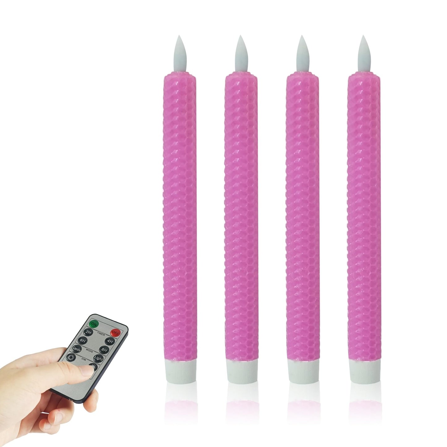 Gedengni Beeswax Honeycomb Flameless LED Taper Candles, 9.5 Inch Flickering Wax Candles with Remote & Timer, Pink Battery Operated Dripless Tapered Candle for Home Wedding Decor, 4 Pack