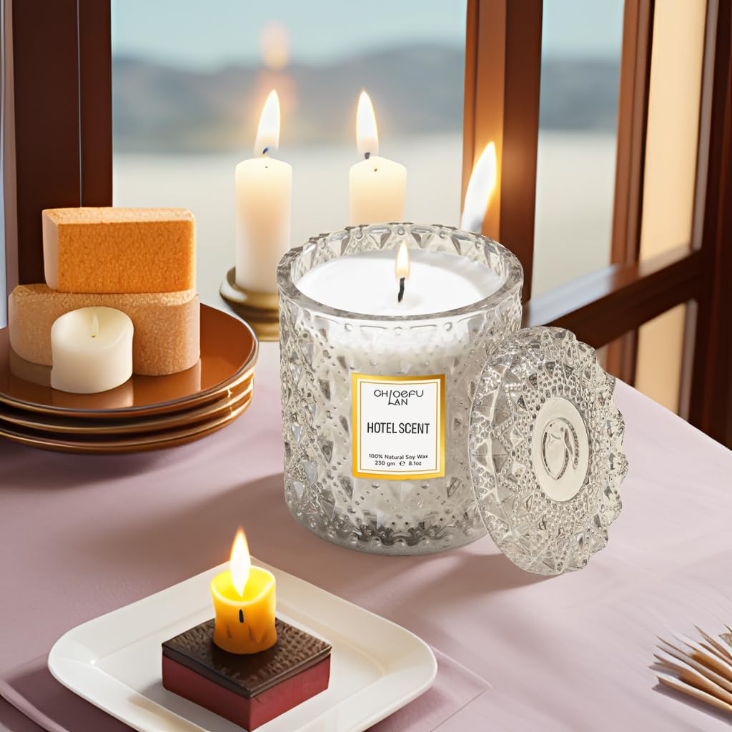 Chloefu LAN Hotel Scented Candle Natural Essential Oil, Luxury Scented Soy Jar Candle Gifts, Highly Scented, 8.1oz, Unique Blend to Promote Sleep & Relieve Stress