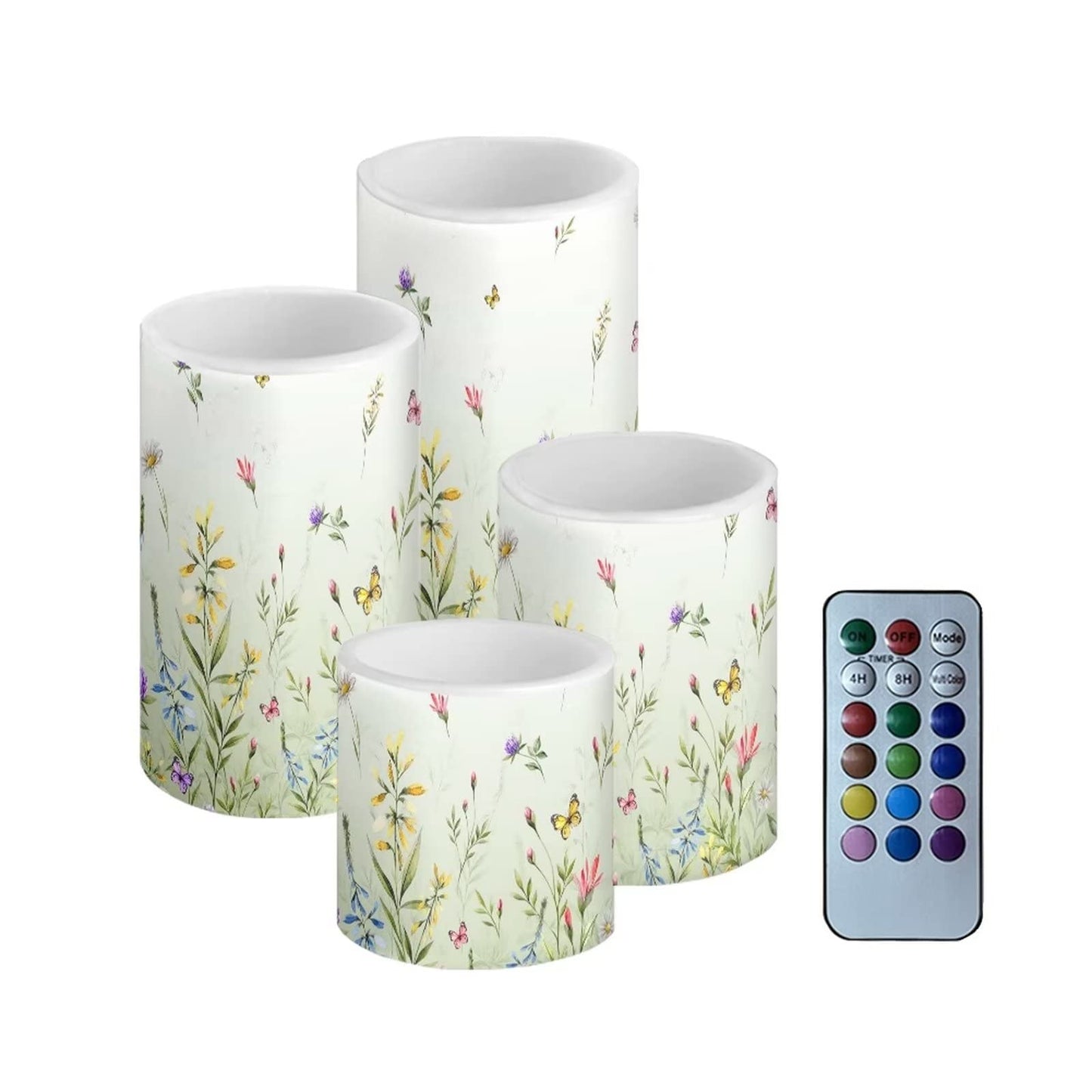 NETILGEN LED Flickering Candles Battery Operated Candles Set of 4 with Remote Control Timer Dancing Flame Pillar Candles Home Table Decoration, Floral Green
