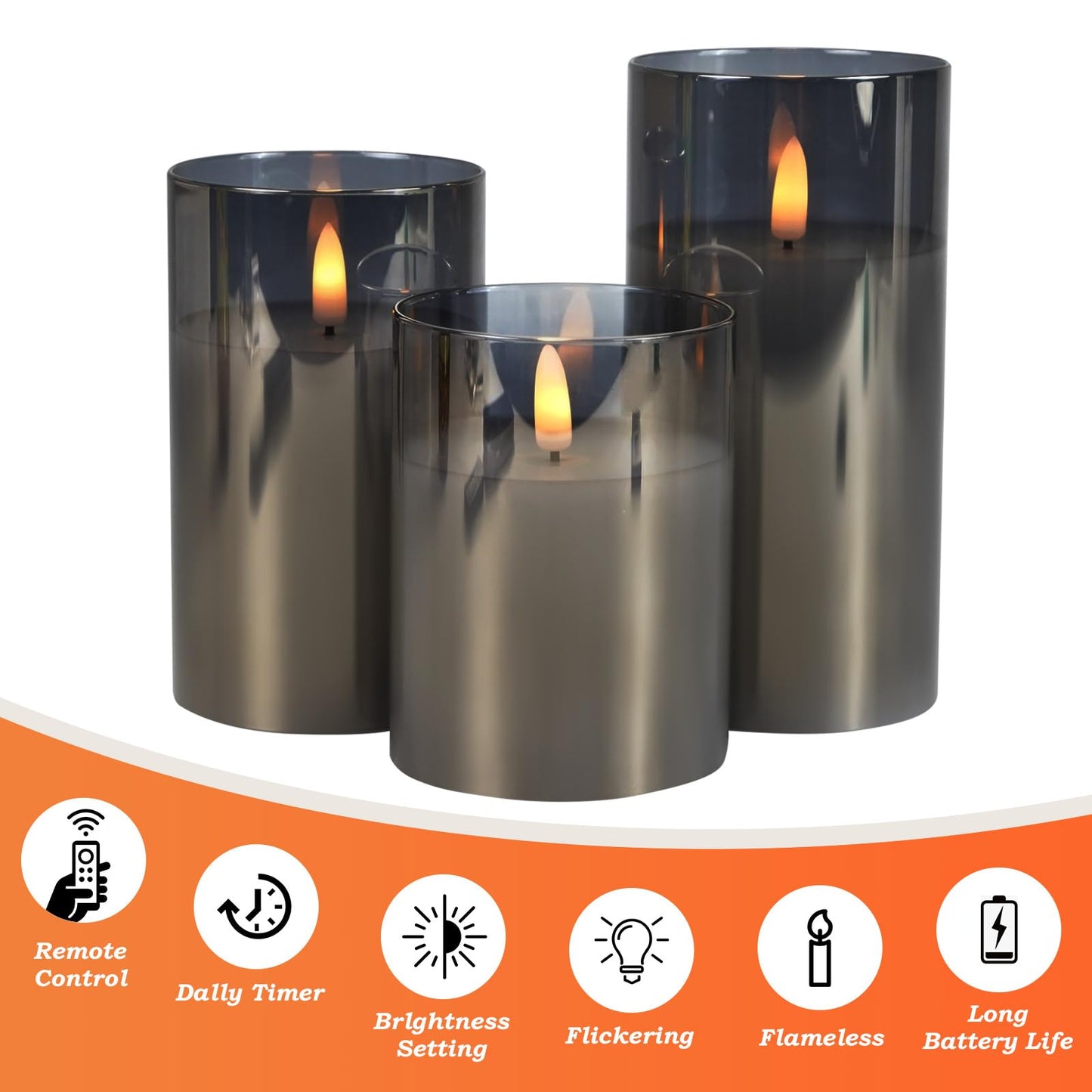Tzgckui Smoky Gray Glass Flickering Flameless LED Candles with 10-Key Remote and Timer,4", 5", 6" x 3" Pillar Battery Operated Candles for Home Decoration(Set of 3)