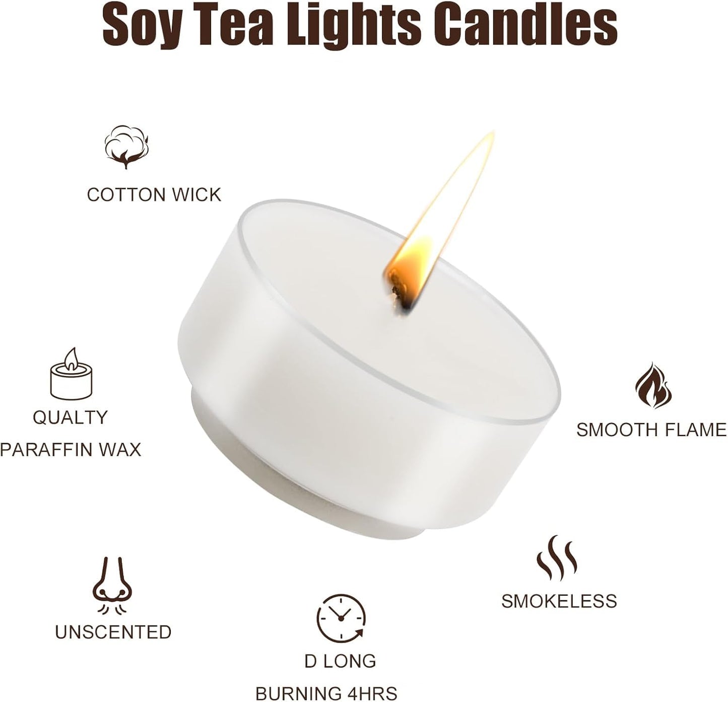 Loccmat 100 Pack Soy Tea Lights Candles,Tealight Candles Bulk,Unscented Natural White Tealight Candle,4 Hours Long Burning,Mini Tea Light Candle for Dinner,Weddings,Emergency,Home Decor