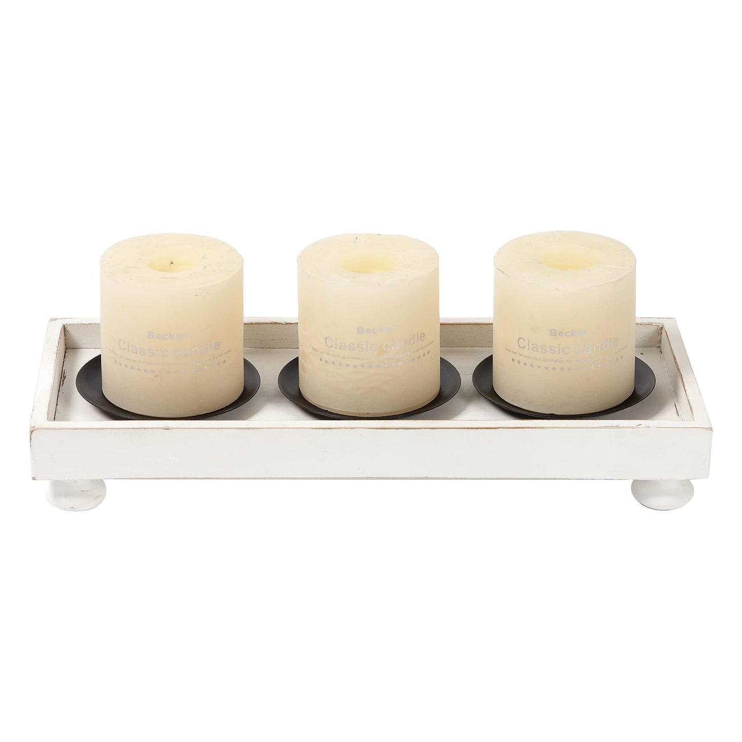 SOFE Rustic White Wooden Candle Holder Tray, 3-Pillar Candle Plate for Tables Mantel Decor, Distressed Finish, Multifunctional Home Decor Accessories