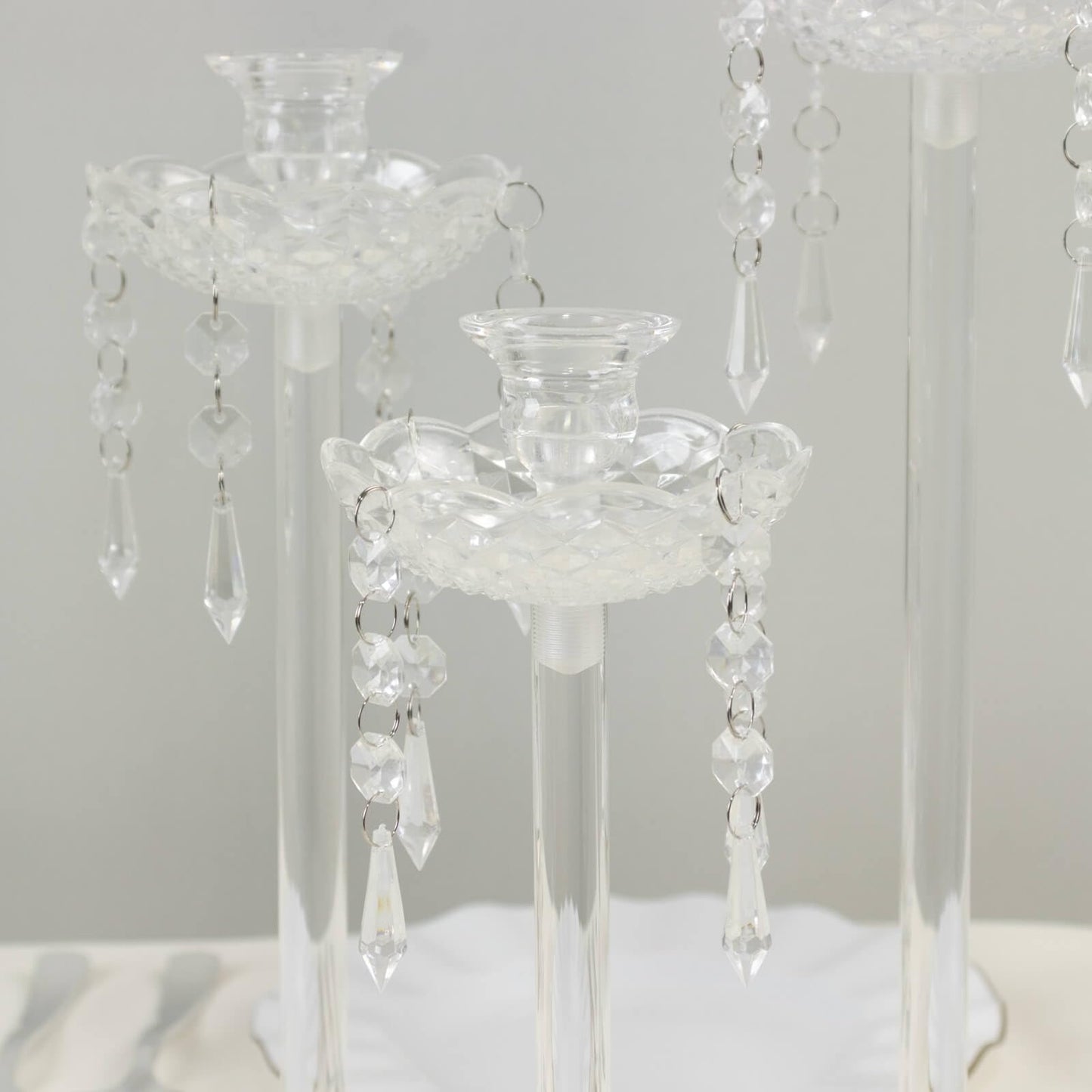 Efavormart Set of 3 Acrylic Candle Holders with Hanging Bead & Prism Accents – Taper Candlestick Stands - 11",13",15"