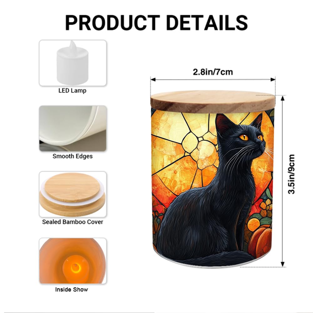 Black Cat Pumpkin Stained Glass Tealight Candle Holder, Halloween Decorations Candle Jar Tea Light Holder, Flowers Tealight Holders Candlesticks Gift for Halloween Christmas Thanksgiving, 3.5x2.8in