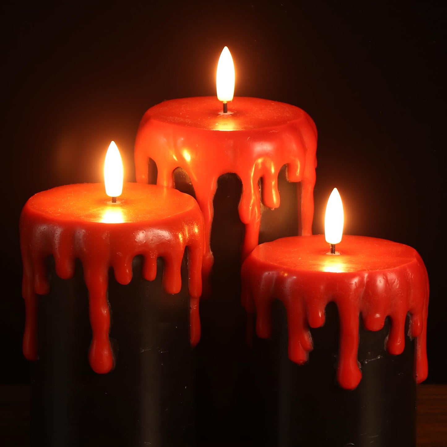 Lasumora Halloween Decorations Led Candles Flickering with 6H Timer, Battery Operated Halloween Candles, 3 Pcs Drip Wax Spooky Halloween Decor Indoor Real Wax, D3 x H 4" 5" 6"
