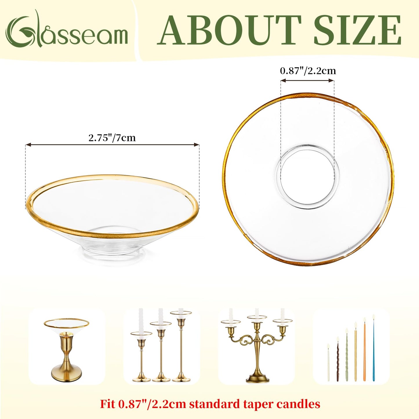 Glasseam Candle Drip Protectors for Candle Stick Candle Holder, Gold Rim Glass Bobeches for Candlesticks Set of 12, Round Wax Catchers for Candles, Taper Candle Holders for Table Centerpiece Wedding