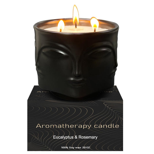 Strong Eucalyptus & Rosemary 3 Wick Black Large Candle, 20oz, Ceramic, Outdoor Scented Candles, 100% Soy, for Home Scented, Yoga, Meditation, Table Decor, Home Decor, Boho Decor, Beautiful Candle Jars