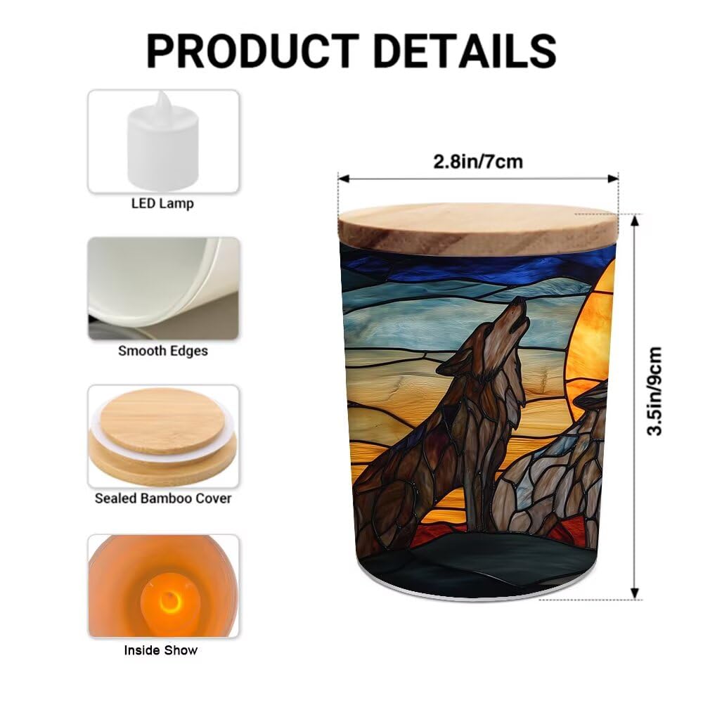 Stained Glass Wolf Howling at The Moon Tea Light Candle Holders, Tealight Candle Holder Jar with Wooden Lid, Votive Candlesticks for Table Centerpieces, Christmas,Birthday Party,Home Decor