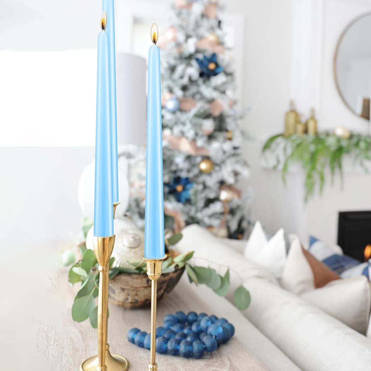 NIKY 10 inch Taper Candles, Set of 12 Unscented Dripless Candlesticks - 8 Hours Long Burning for Home Decoration, Wedding, Parties and Special Occasion (Light Blue)