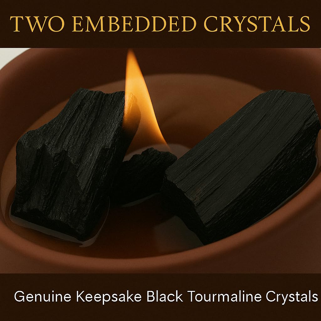 Forest Mahogany Scented Crystal Candle - Luxury Empowerment Candle with Black Tourmaline Crystals - 7.4oz Natural Soy, Coconut & Beeswax Wood Wick Candles for Men