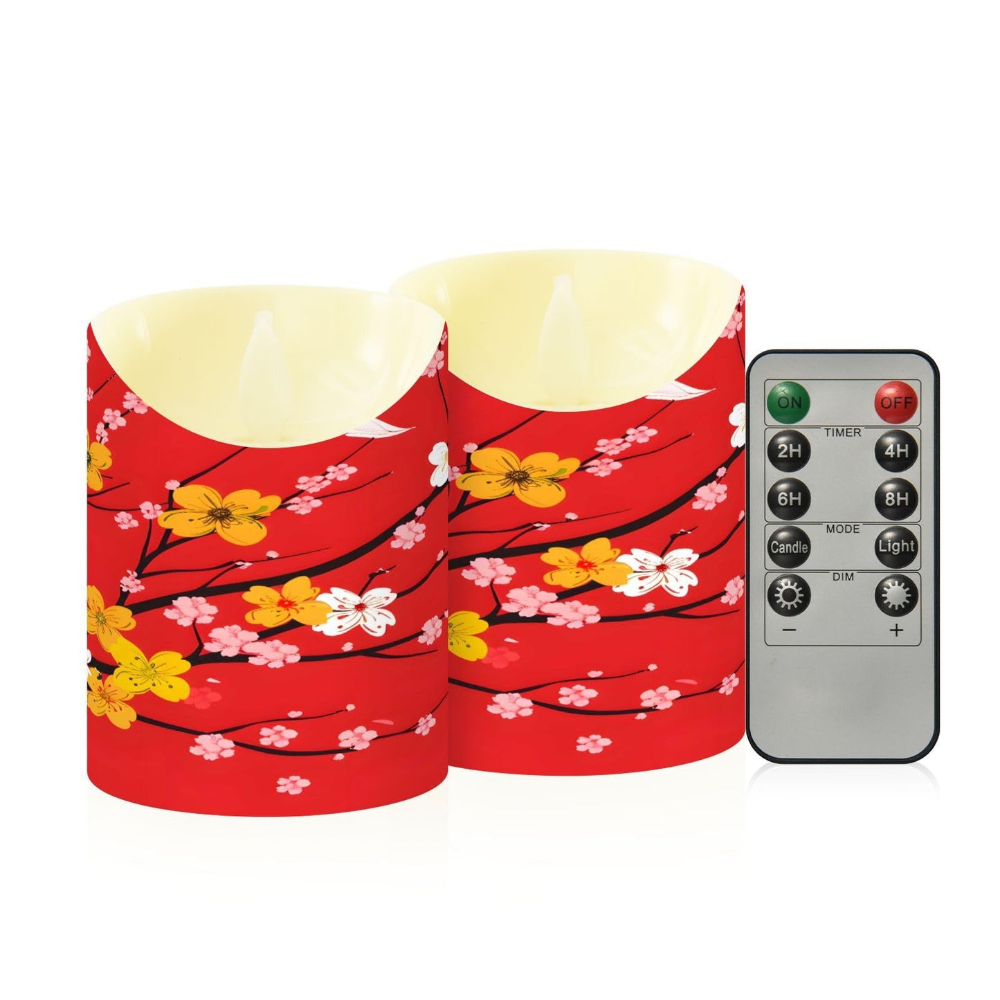 ALAZA Red Cherry Blossom Japanese01 Flickering Flameless Candles Battery Operated with Remote Timer,Tea Light Candles LED Pillar Votive Set of 2 for Outdoor Indoor Decorations 3" x5.9"