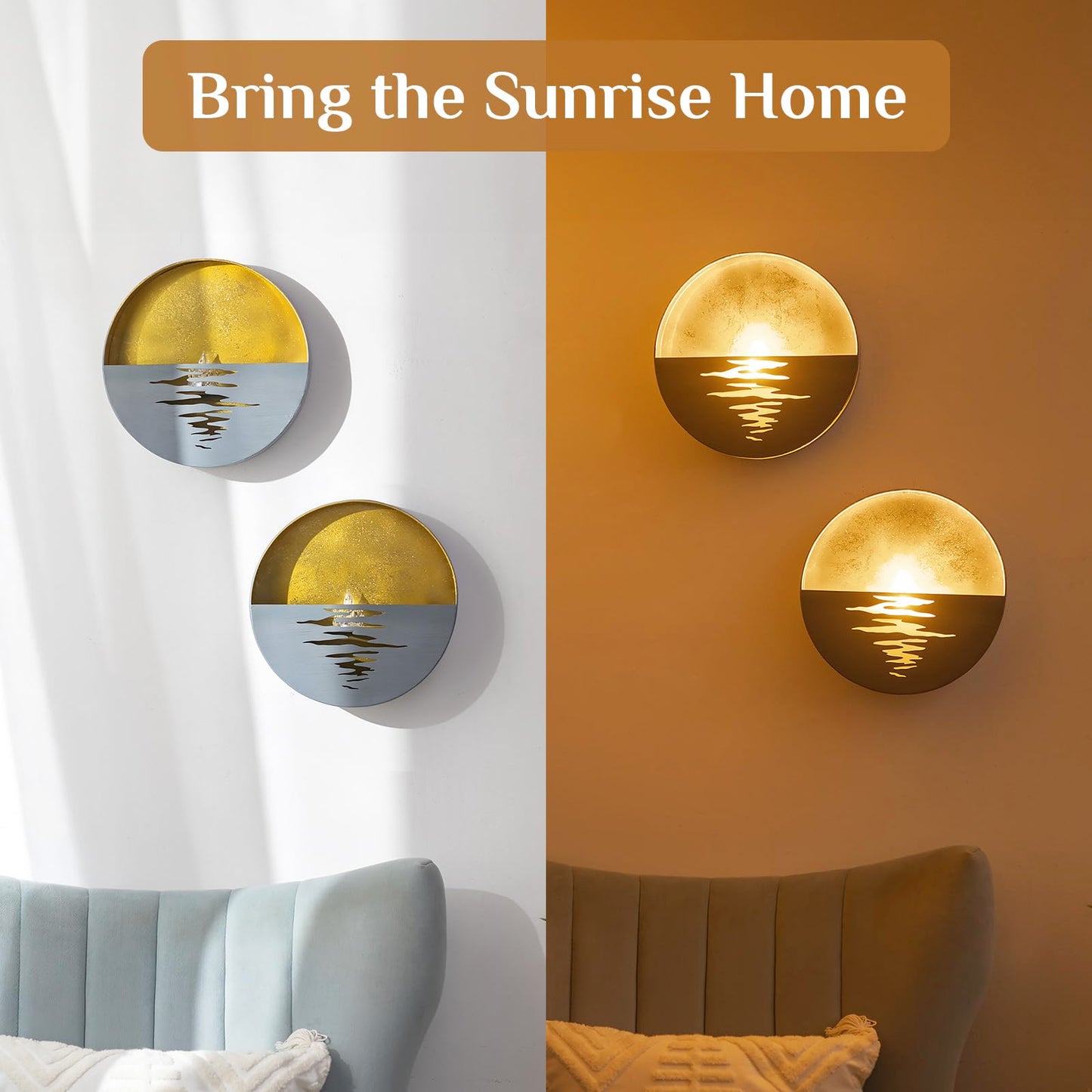 Walasis Gold Wall Sconces Set of Two: Flameless Candle Sconces Night Light for Indoor Livingroom Bedroom - Metal Sunrise Decor Wall Candle Holder with Tealight for Hallway