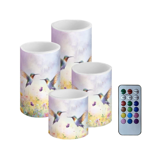 Cozeyat Lavender Hummingbird Outdoor Flameless Candles 4 Pack Color Changing LED Pillar Candles with Remote Timer Flickering Battery Operated for Home Decor