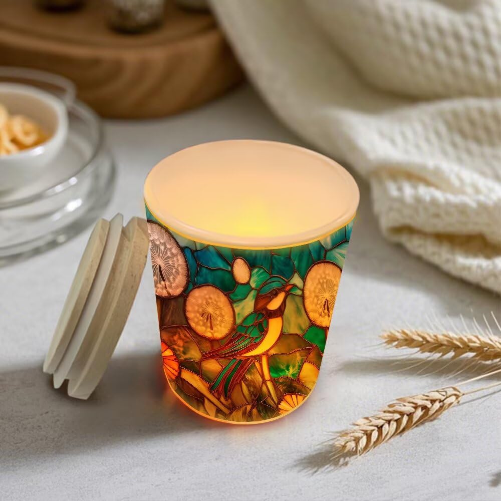 Stained Glass Birds Tea Light Candle Holders, Dandelion Flowers Tealight Candle Holder Jar with Wooden Lid, Bird Votive Candlesticks for Table Centerpieces, Christmas,Birthday Party,Home Decor