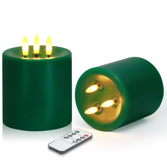 Large 3 Wick Flameless Candles Set of 2, 4"x4" Flickering LED Candles with Remote & Timer, Dimmable Real Wax Pillar Candles Battery Operated, Green Candles for Home Christmas St. Patrick’s Day Decor