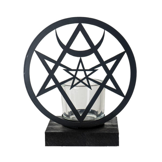 Pacific Giftware Unicursal Hex Tea Light Holder by Alchemy England Gothic Candle Holder Featuring The Unicursal Hexagram with Crescent Moon Symbol Ideal for Mystical Home Decor 6.75" Tall