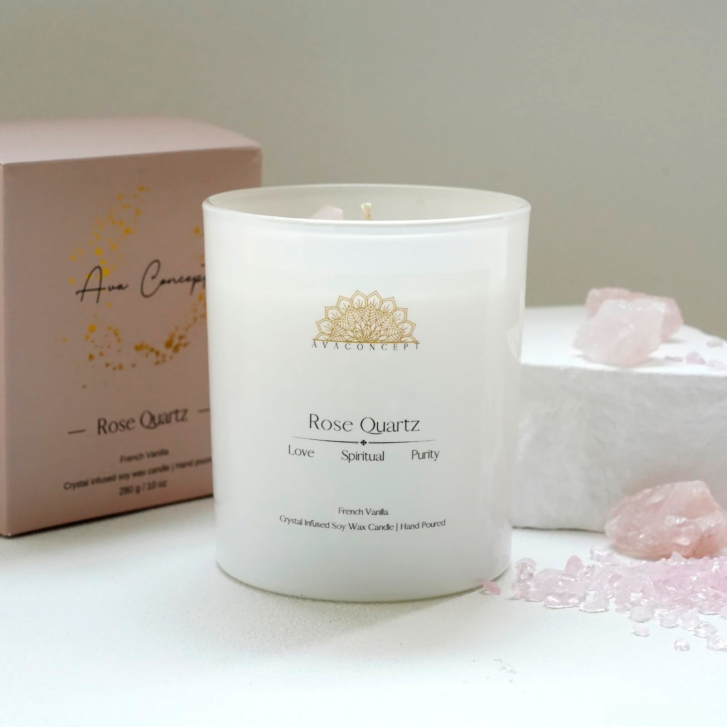 Ava Concept Rose Quartz Crystal Candle – 10oz / 280g | French Vanilla Aromatherapy | Hand-Poured Soy Wax | Genuine Rose Quartz Healing Crystals Embedded | Love, Spiritual & Purity | Gift Box Included