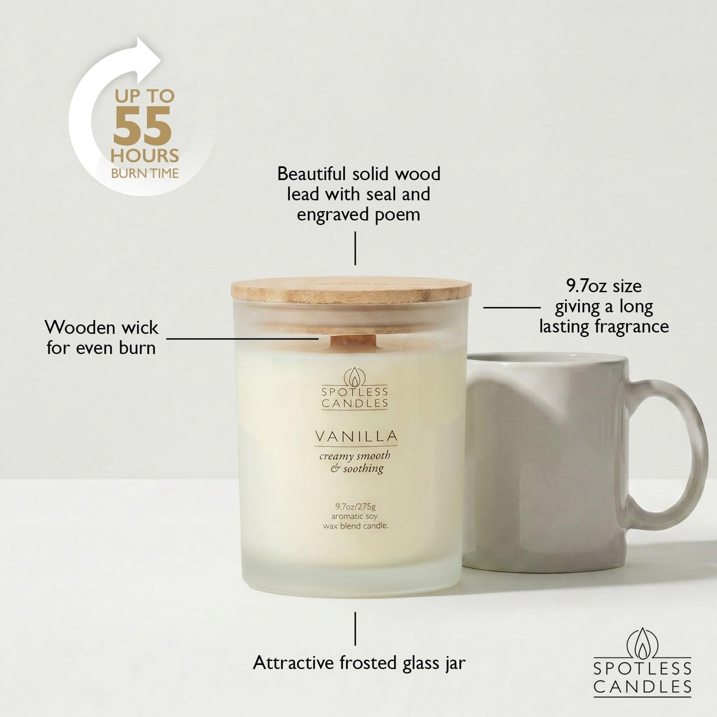 Vanilla Candle; 275g, 55 Hrs Burn Time, Soy Wax White Frosted Jar with Crackling Wooden Wick & Luxury Gift Box: Vanilla Scented Candle by Spotless Candles