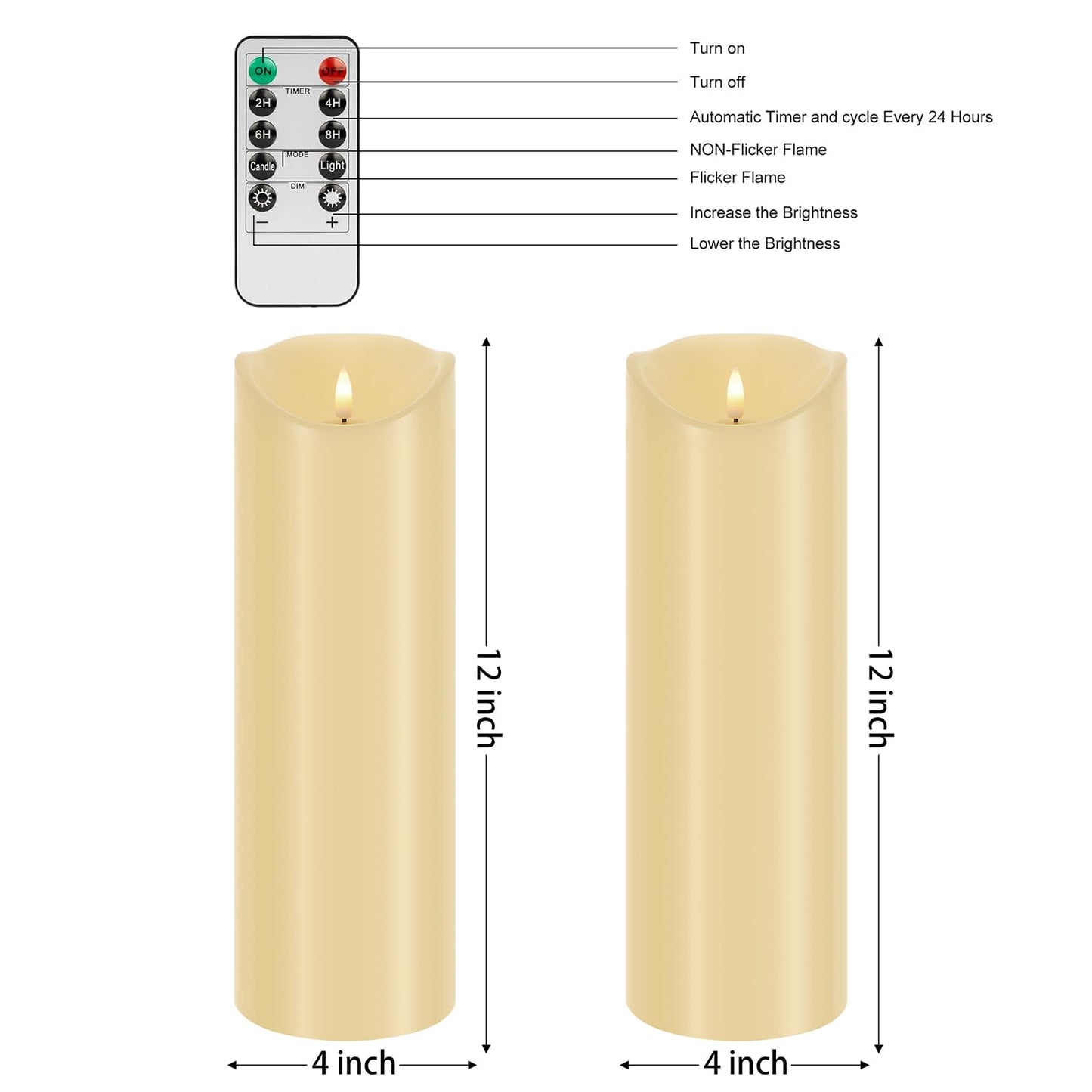 HJANDHJ Outdoor Candles with Timer, Waterproof, Large Flickering Flameless Candles with Remote, 4" x 12", Battery Operated, Long Lasting, Set of 2