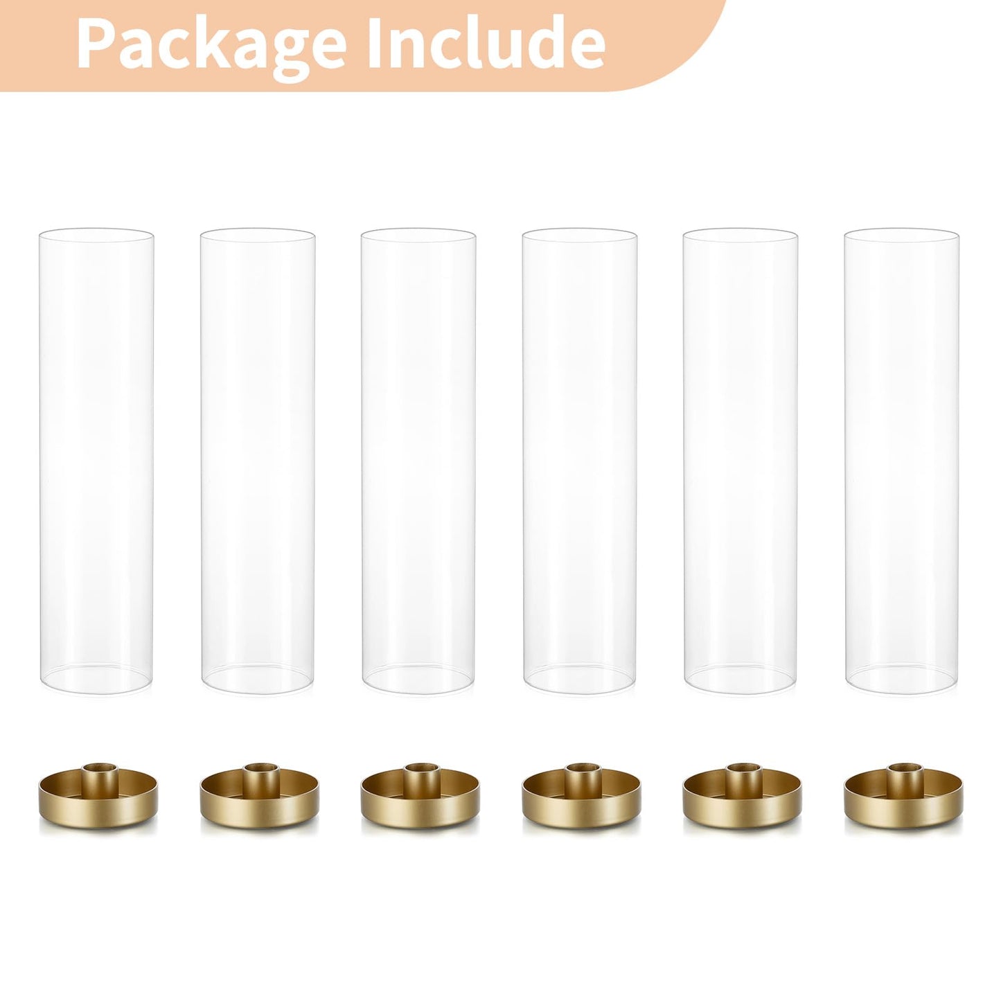 NUPTIO Hurricane Glass Candle Holders: 6 Pcs Gold Metal Taper Candlesticks Holder with 11.81 inch Long Clear Bottomless Cylinder Cover Stands for Wedding Anniversary Bridal Shower Table Centerpiece