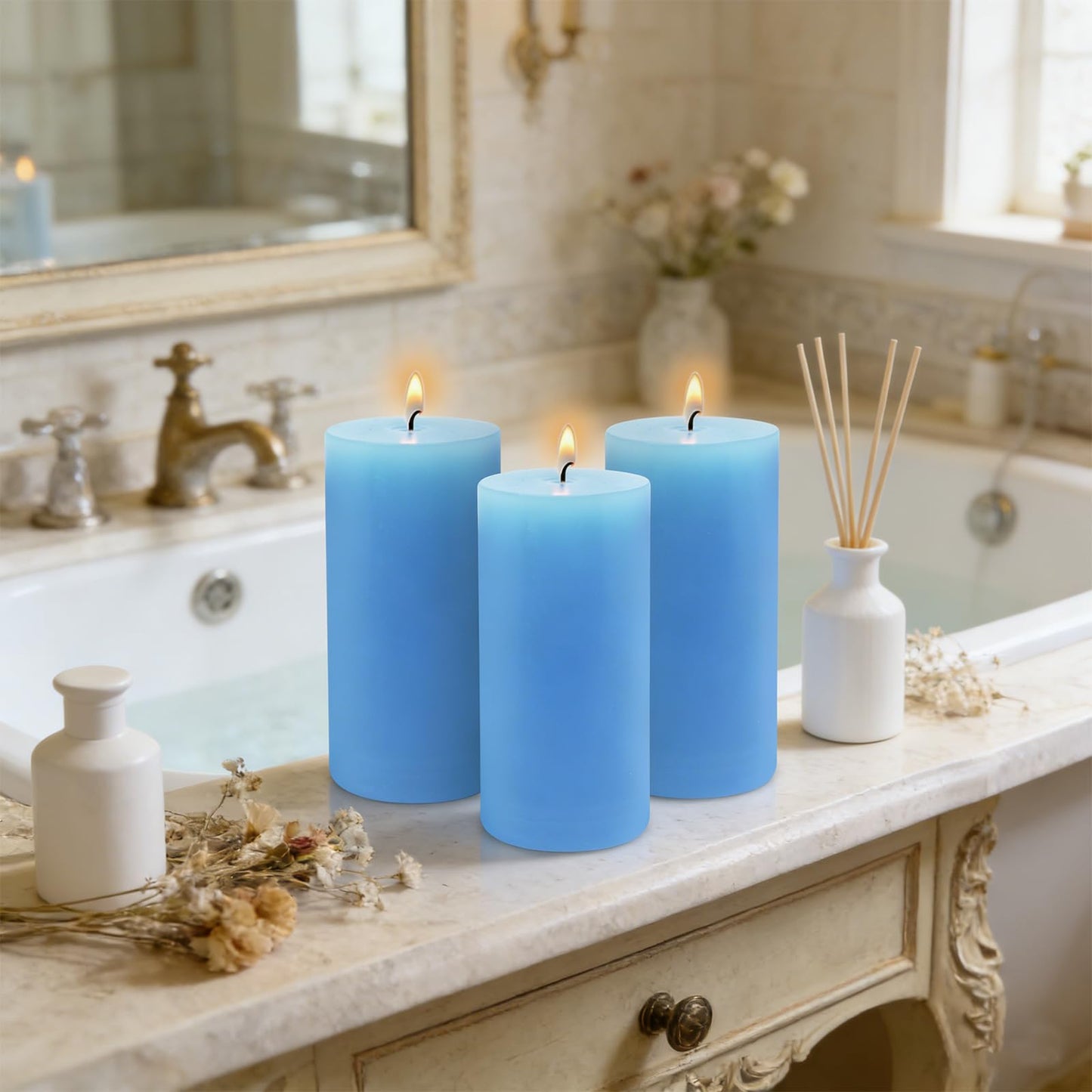 2.8x6 inch, Set of 3, Light Blue Pillar Candles for Romantic Valentine's Day and Christmas, Unscented Pillar Candles for The Home Dining Room, Smokeless, Drip-Free, Clean-Burning Emergency Candles